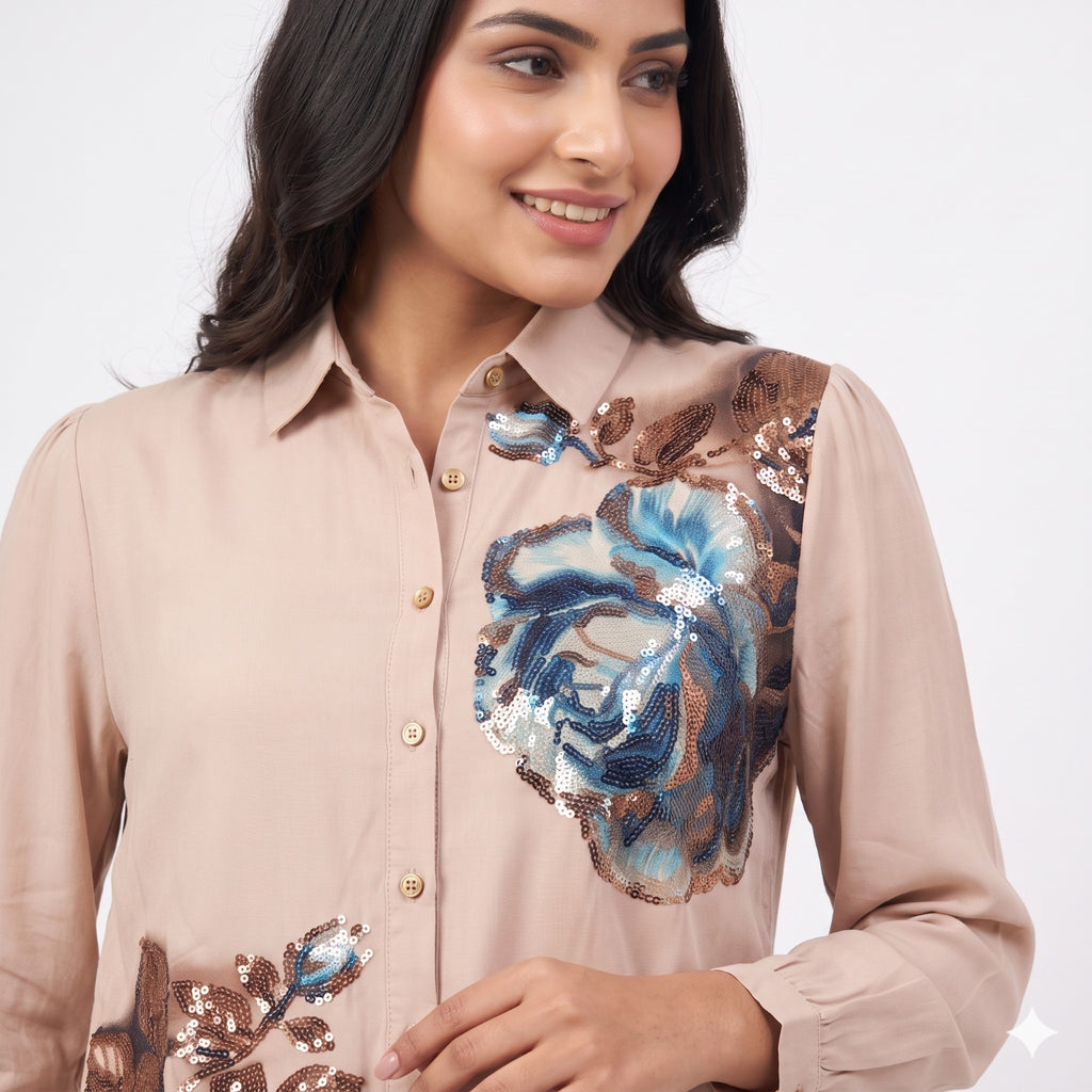 Azure Bloom Swarovski Printed Shirt Top