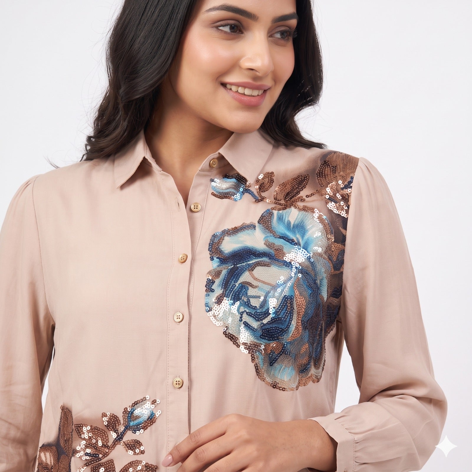 Azure Bloom Swarovski Printed Shirt Top