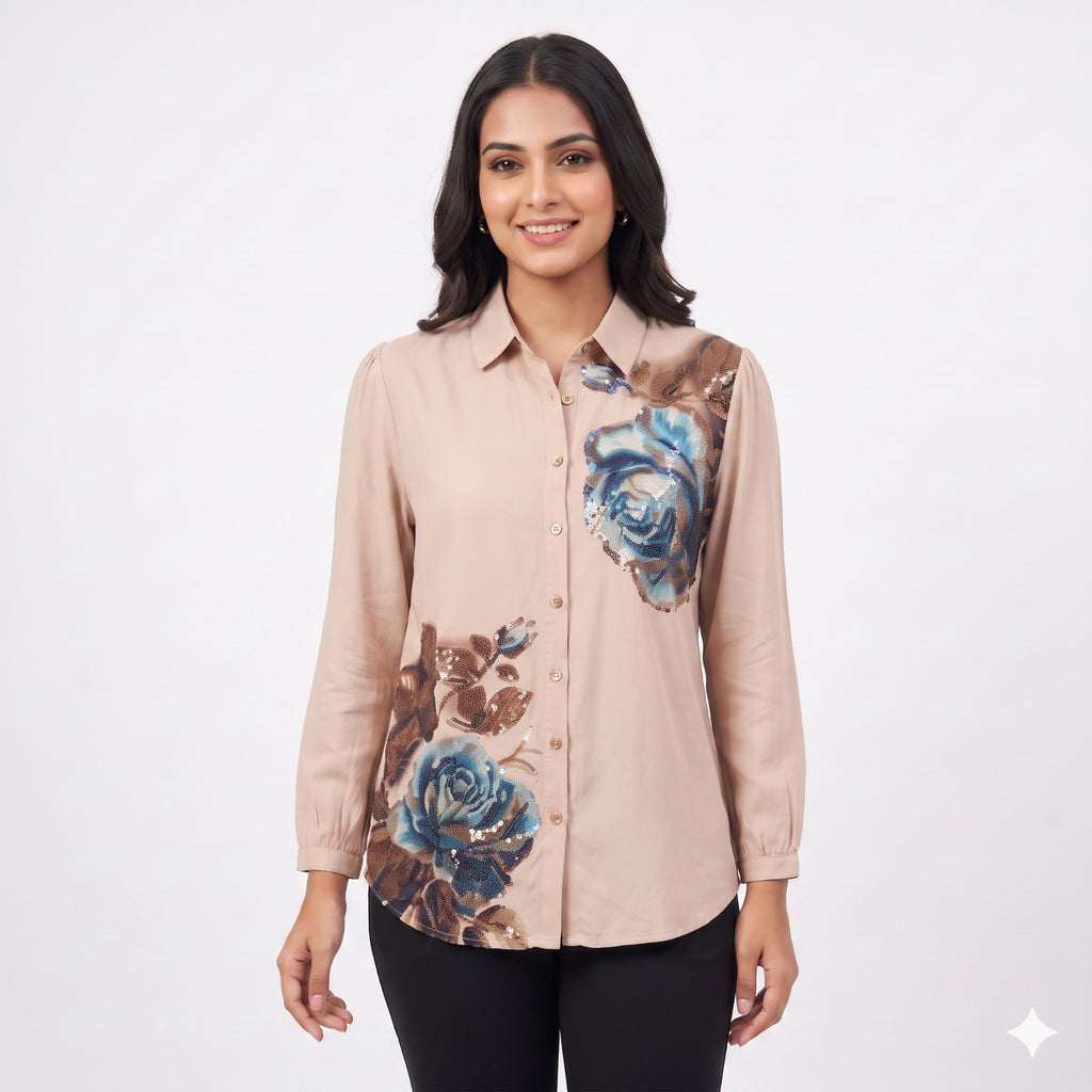 Azure Bloom Swarovski Printed Shirt Top
