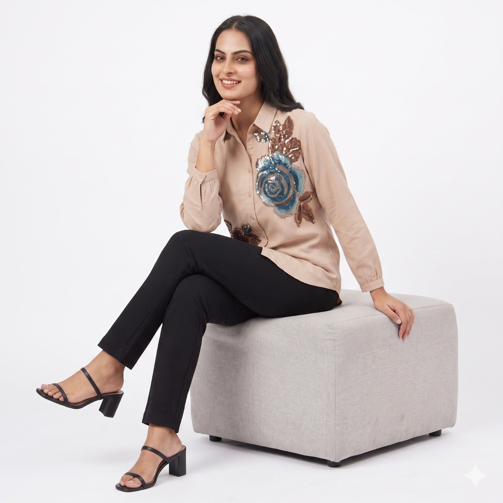 Azure Bloom Swarovski Printed Shirt Top
