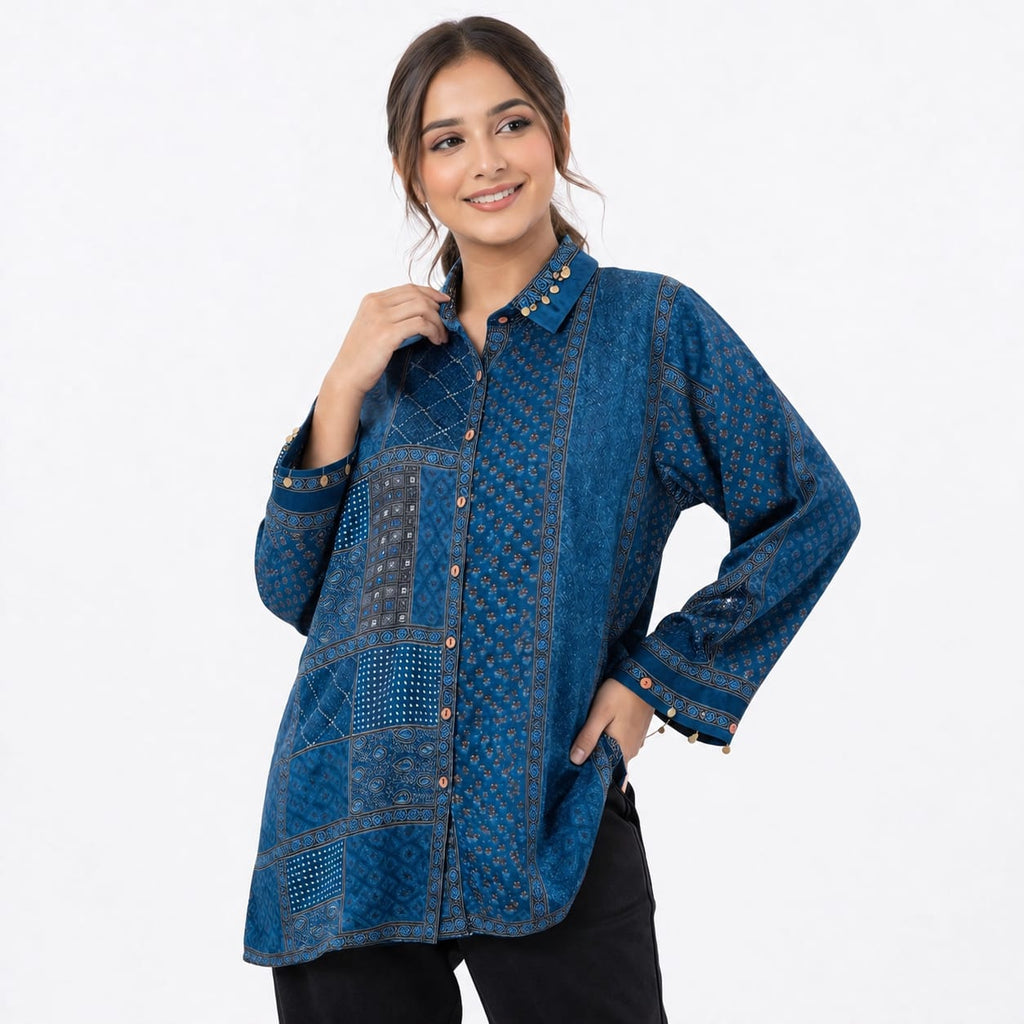 Indigo Mosaic Luxe Crepe Top