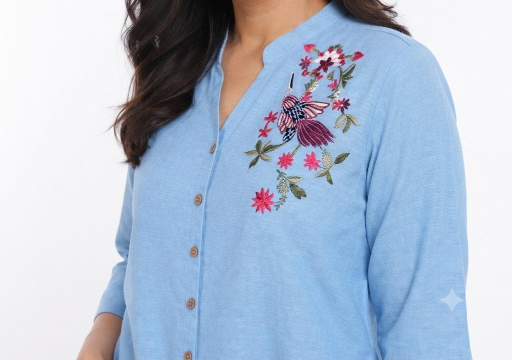 Sky Blossom Embroidered Linen Top