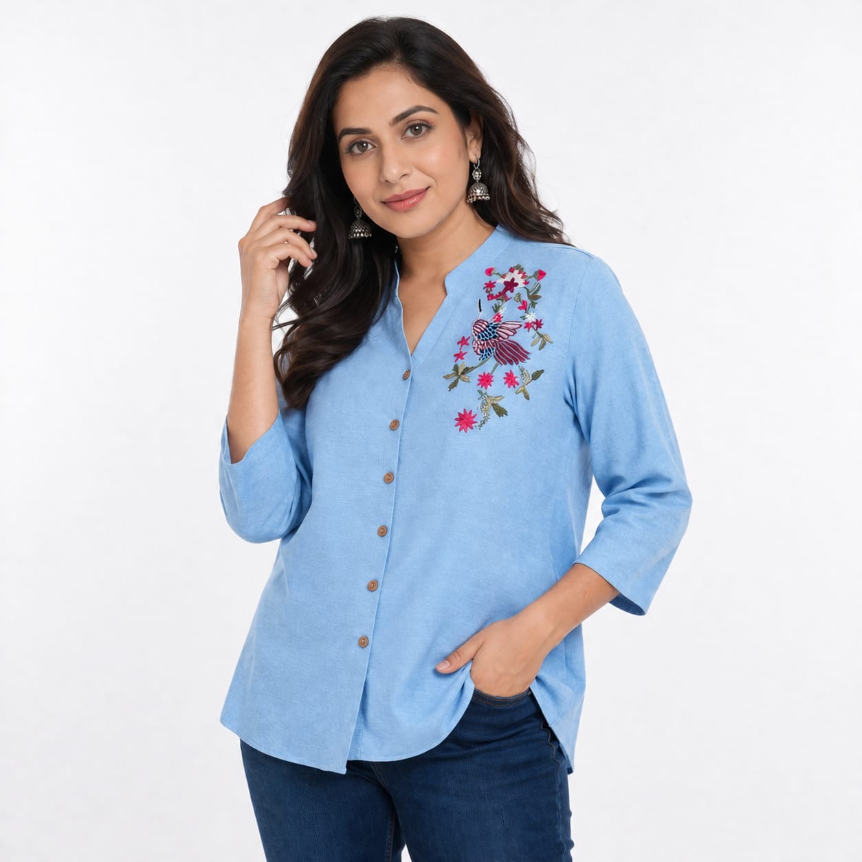 Sky Blossom Embroidered Linen Top