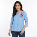 Sky Blossom Embroidered Linen Top