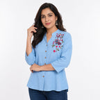 Sky Blossom Embroidered Linen Top