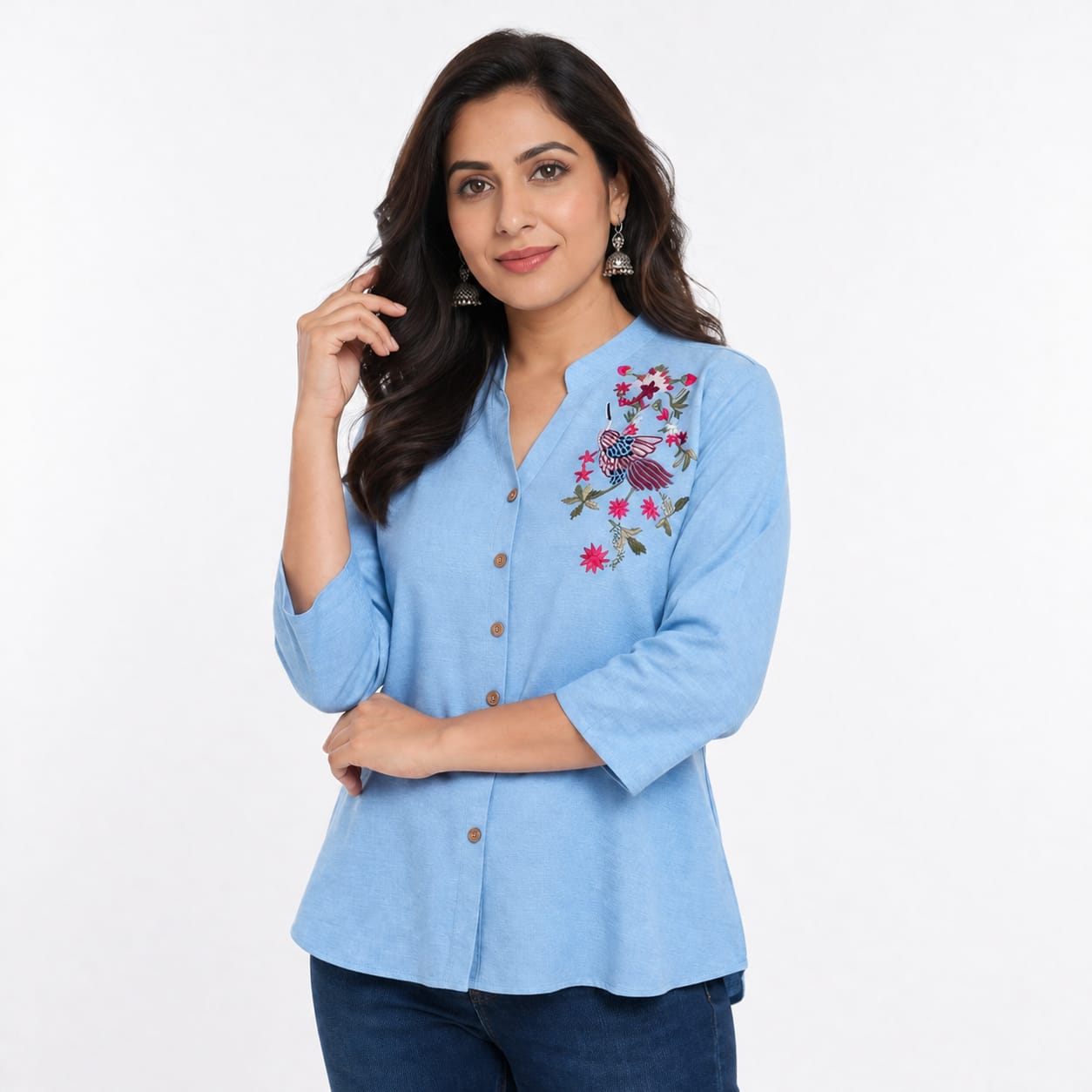 Sky Blossom Embroidered Linen Top