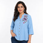 Sky Blossom Embroidered Linen Top