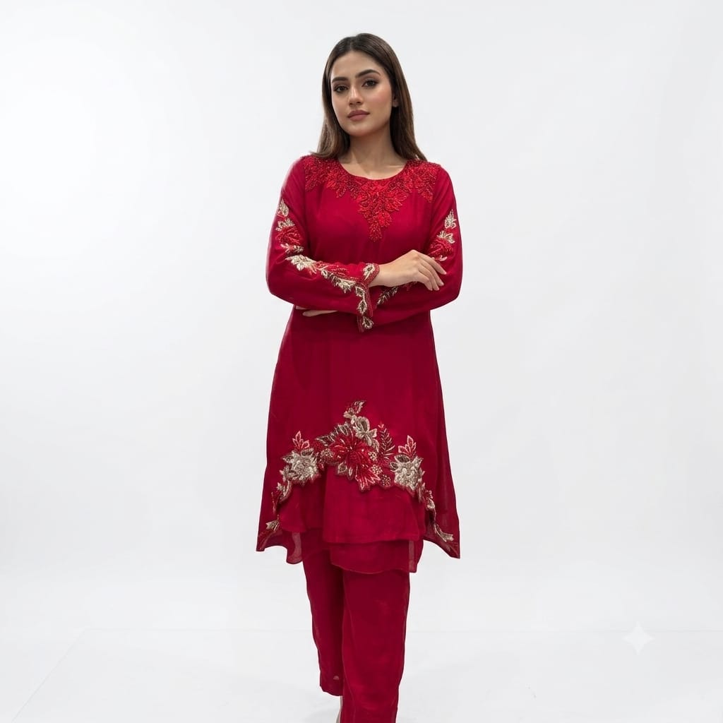 Crimson Royale Embroidered Georgette Cord-set