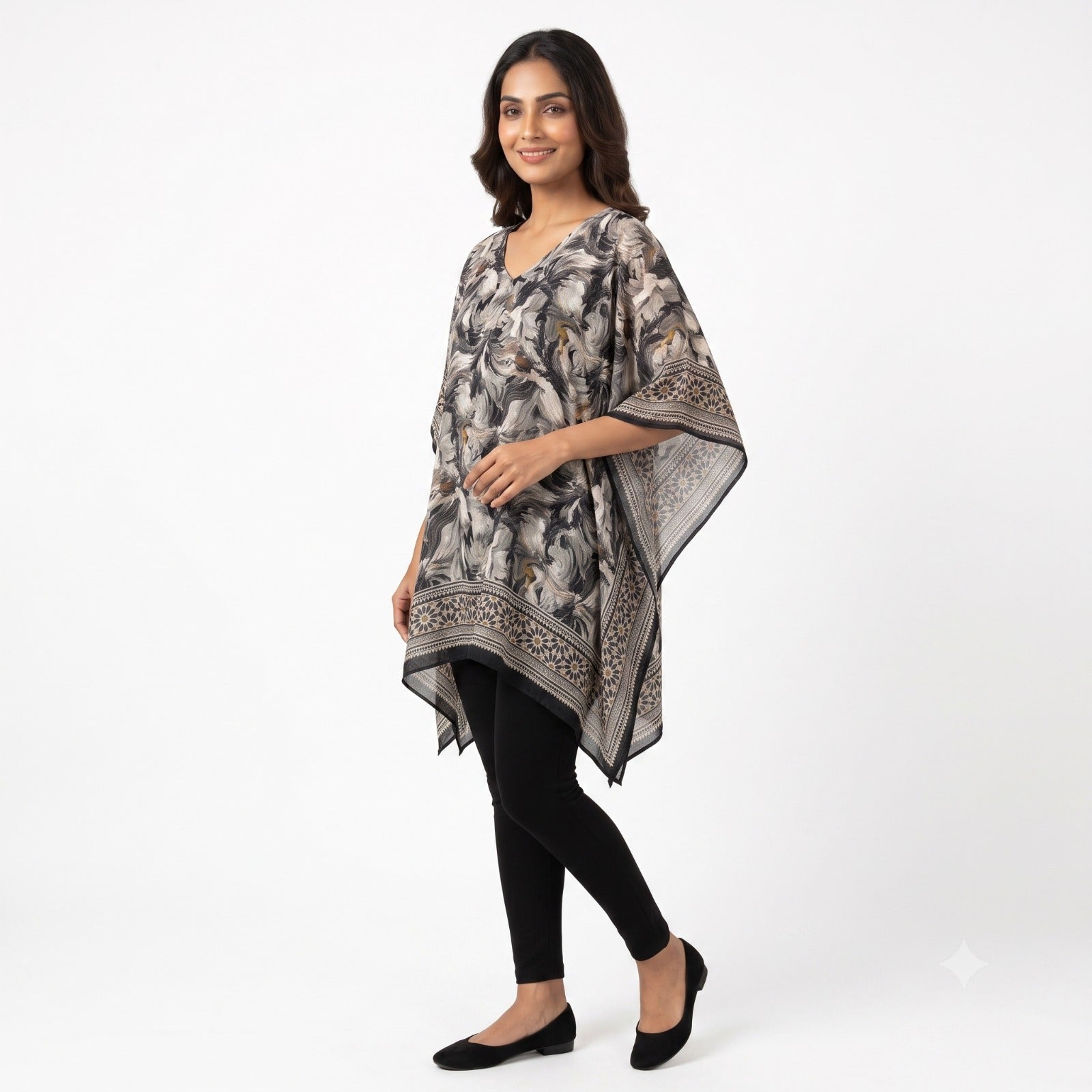 Monochrome Blossom Kaftan Top
