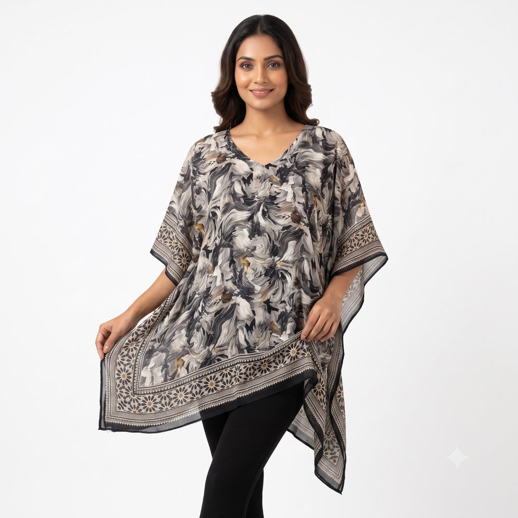 Monochrome Blossom Kaftan Top