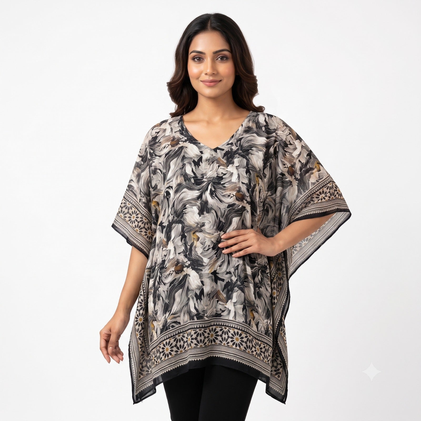 Monochrome Blossom Kaftan Top