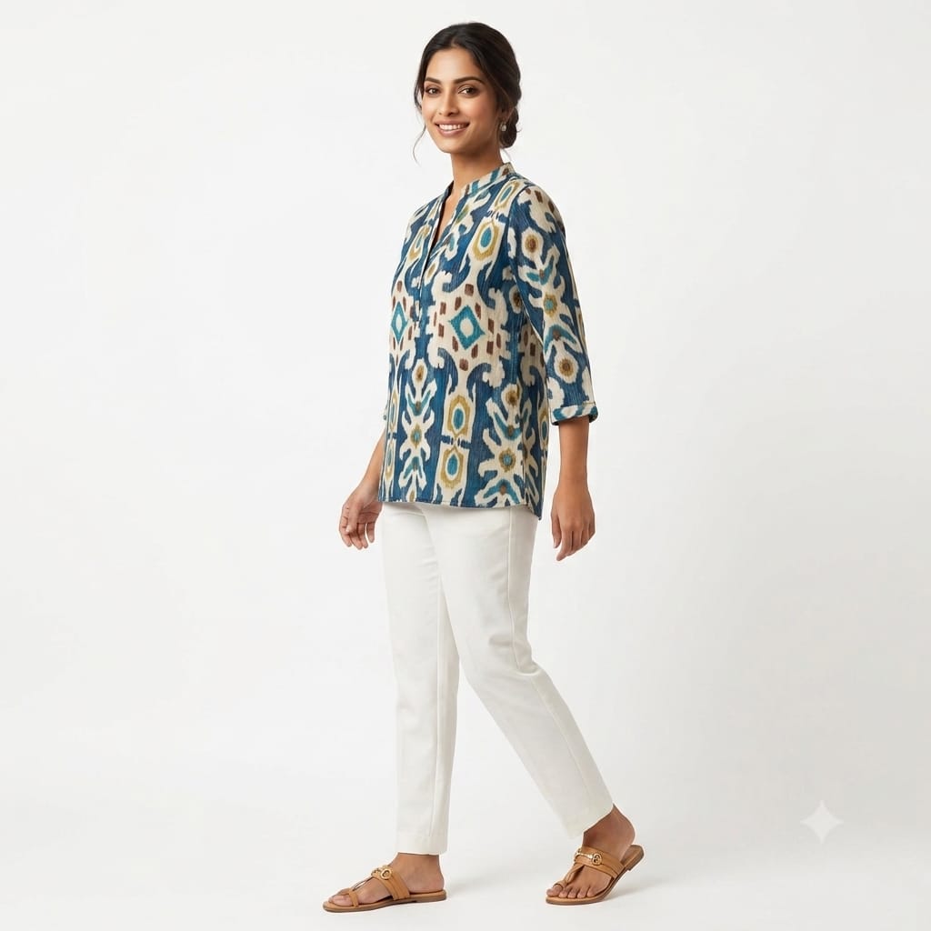 Azure Ikat Grace Crepe Top