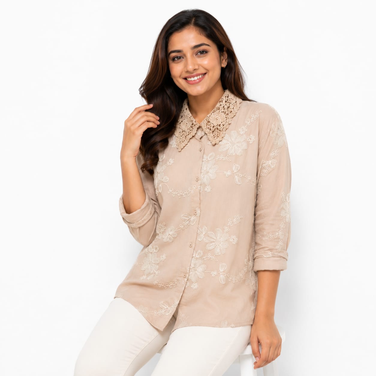 Sandstone Lace Bloom Cotton Top