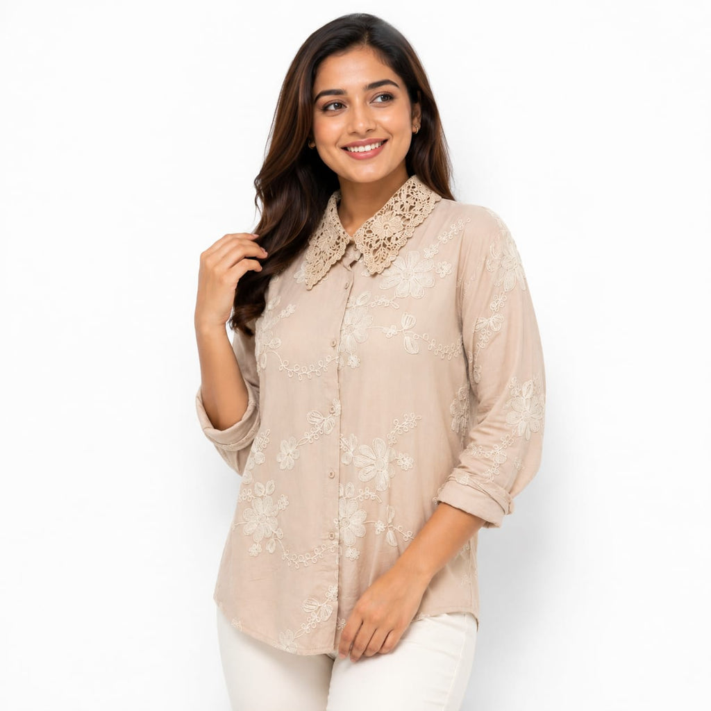 Sandstone Lace Bloom Cotton Top