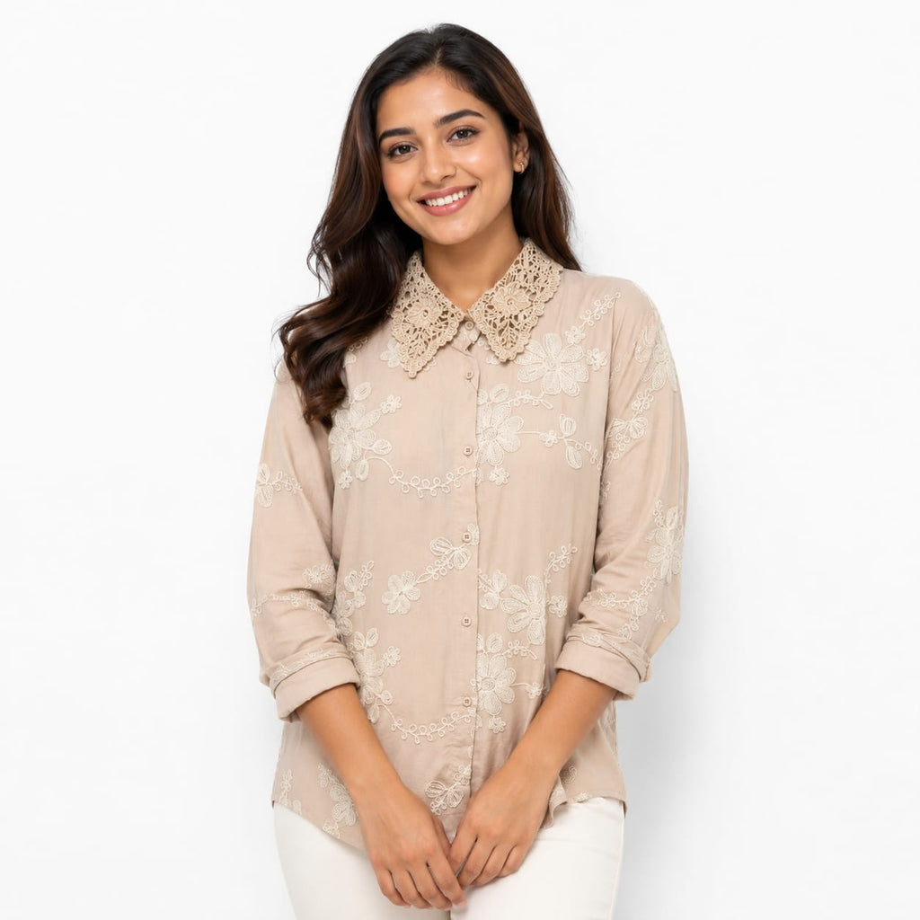 Sandstone Lace Bloom Cotton Top