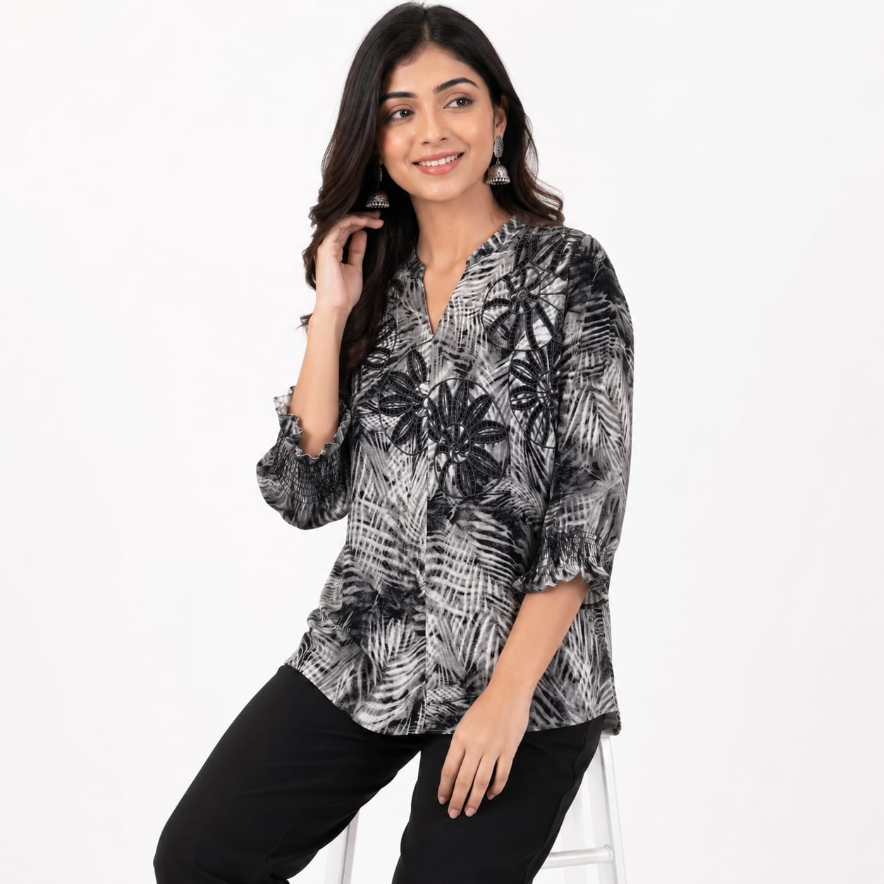 Noir Botanical Cutwork Top