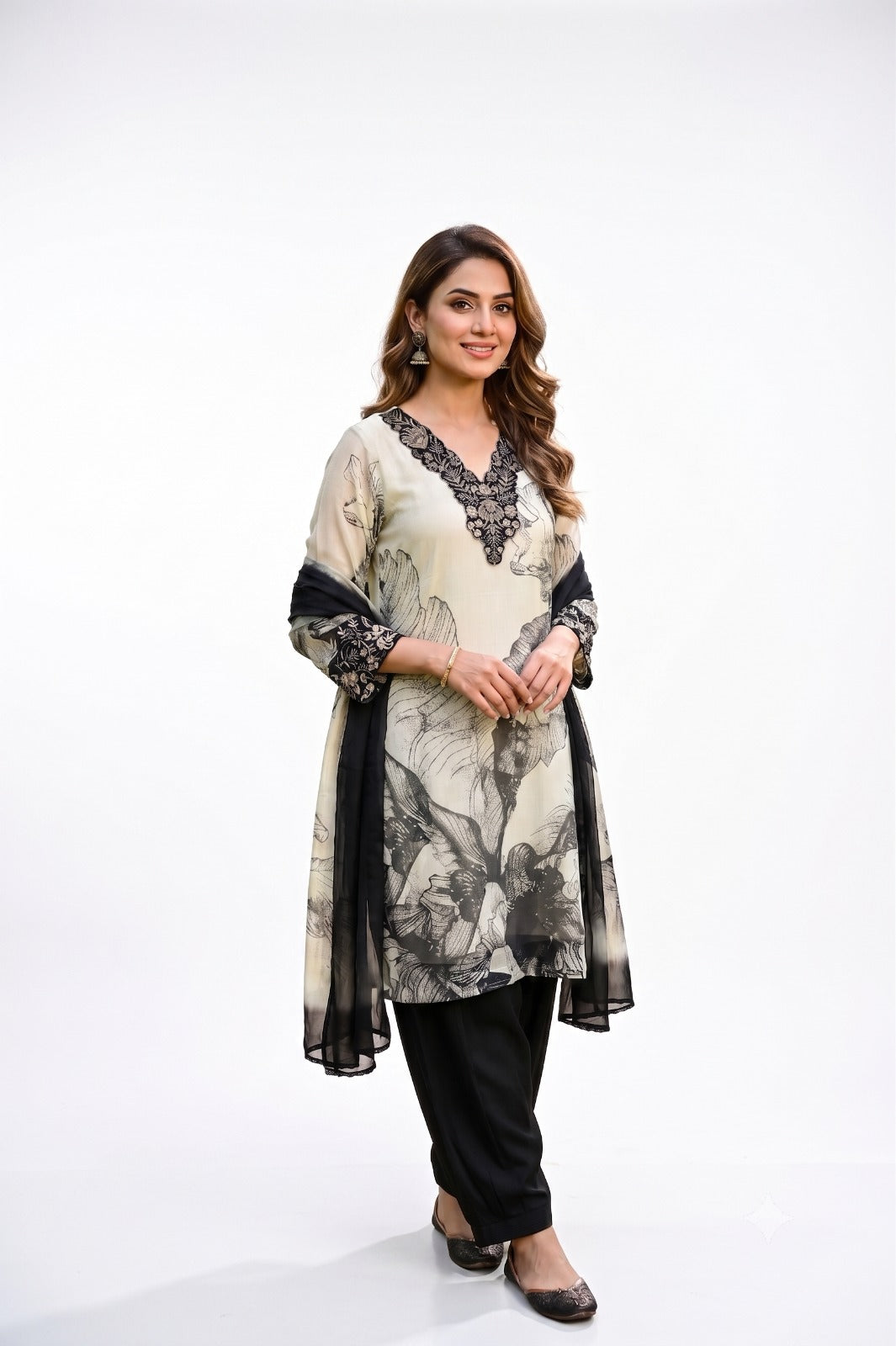 white & Black Kurta set