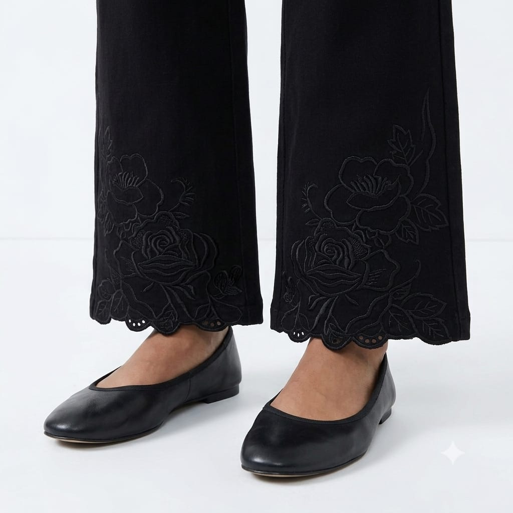 Embroidered Wide-Leg Stretch Bottom – Black