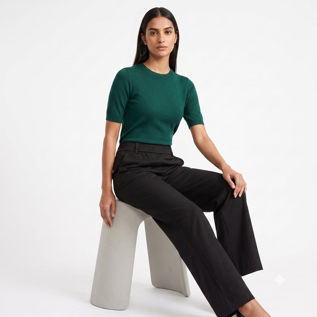 Solid Black Cotton Stretch Full-Elastic Bottom