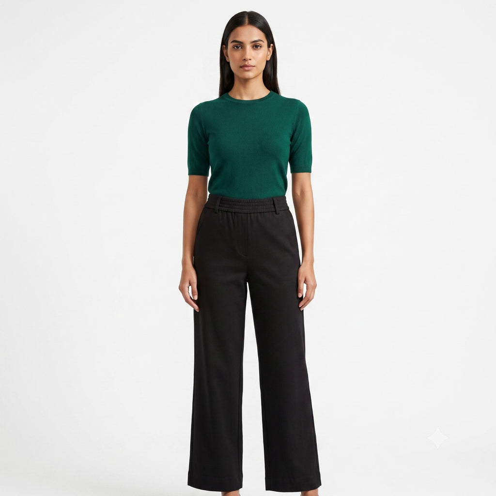Solid Black Cotton Stretch Full-Elastic Bottom