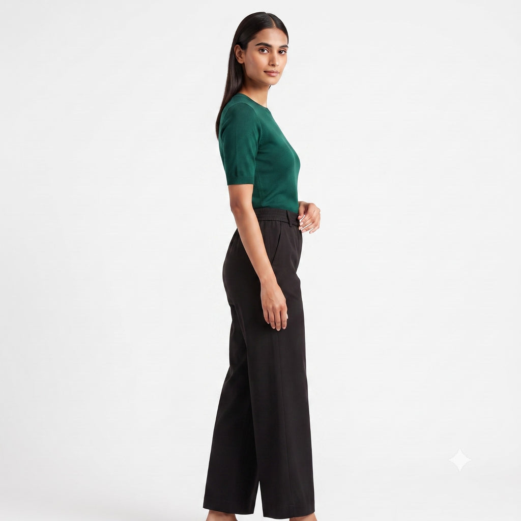 Solid Black Cotton Stretch Full-Elastic Bottom