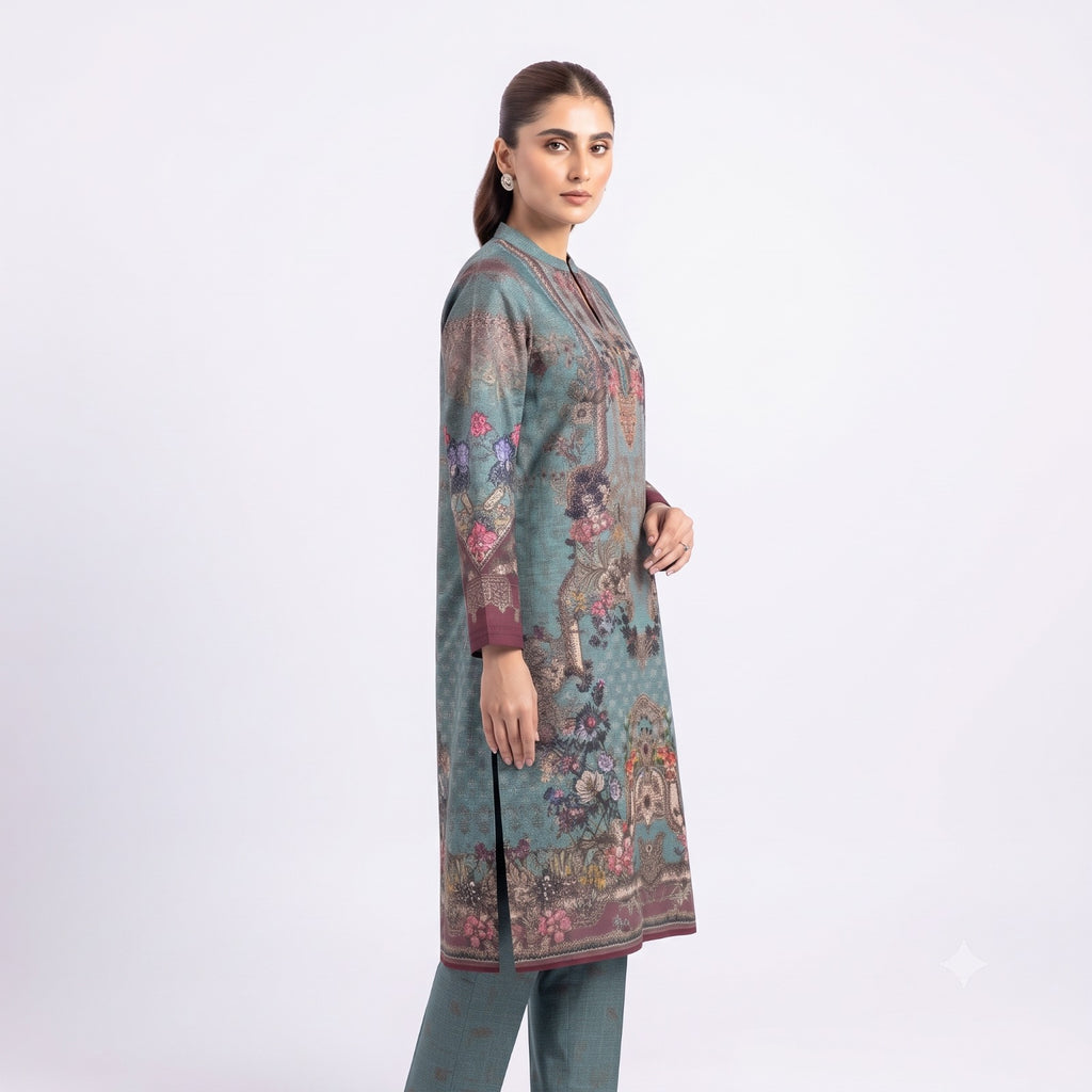 Teal Blossom Printed Woolen  Kurta Set