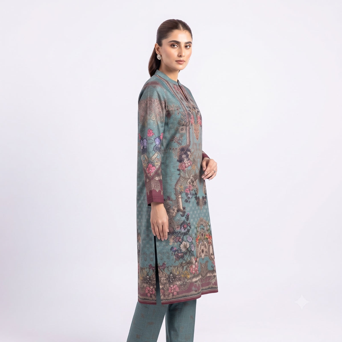 Teal Blossom Printed Woolen  Kurta Set