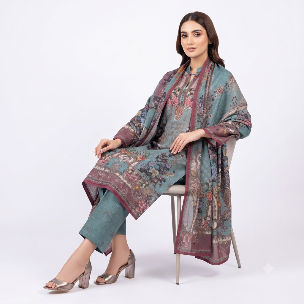 Teal Blossom Printed Woolen  Kurta Set