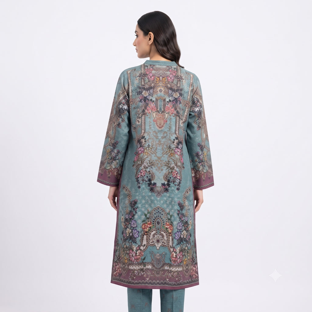 Teal Blossom Printed Woolen  Kurta Set