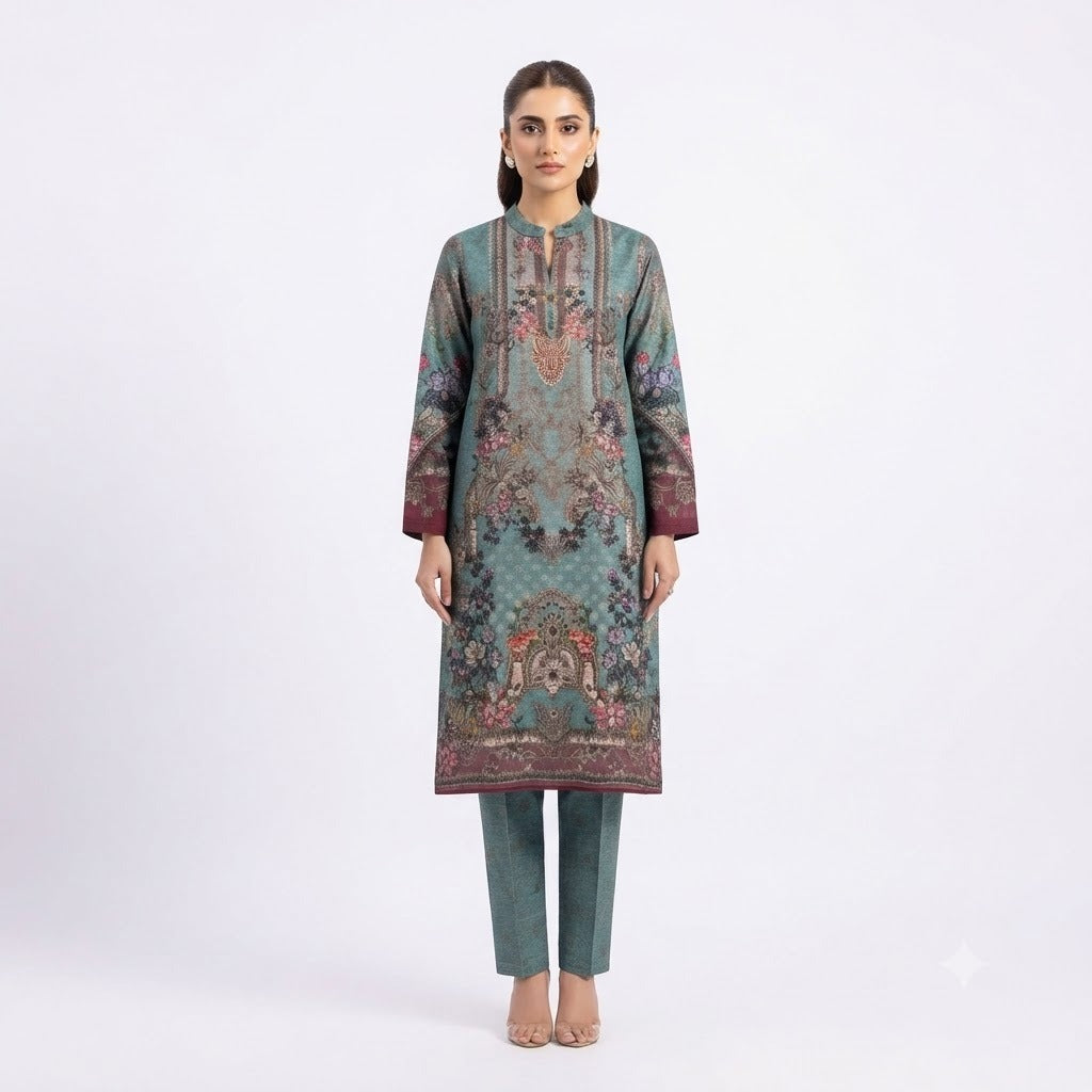 Teal Blossom Printed Woolen  Kurta Set
