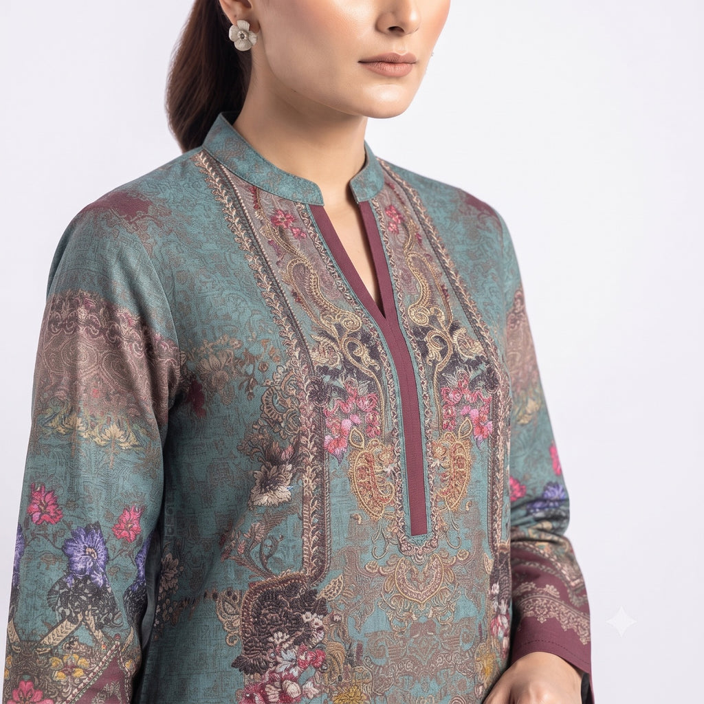 Teal Blossom Printed Woolen  Kurta Set
