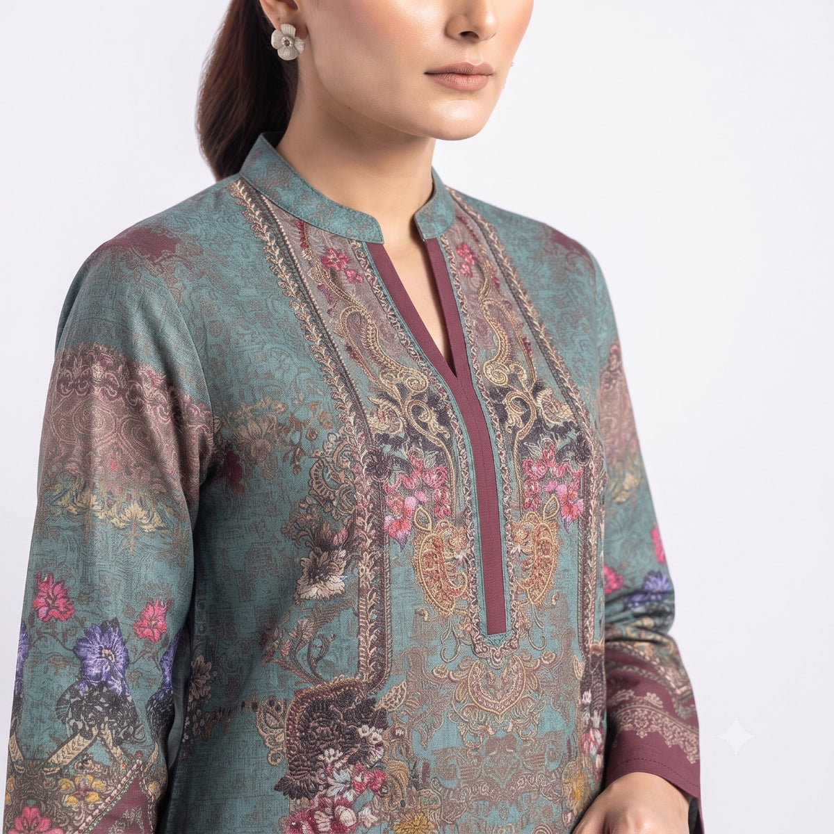 Teal Blossom Printed Woolen  Kurta Set