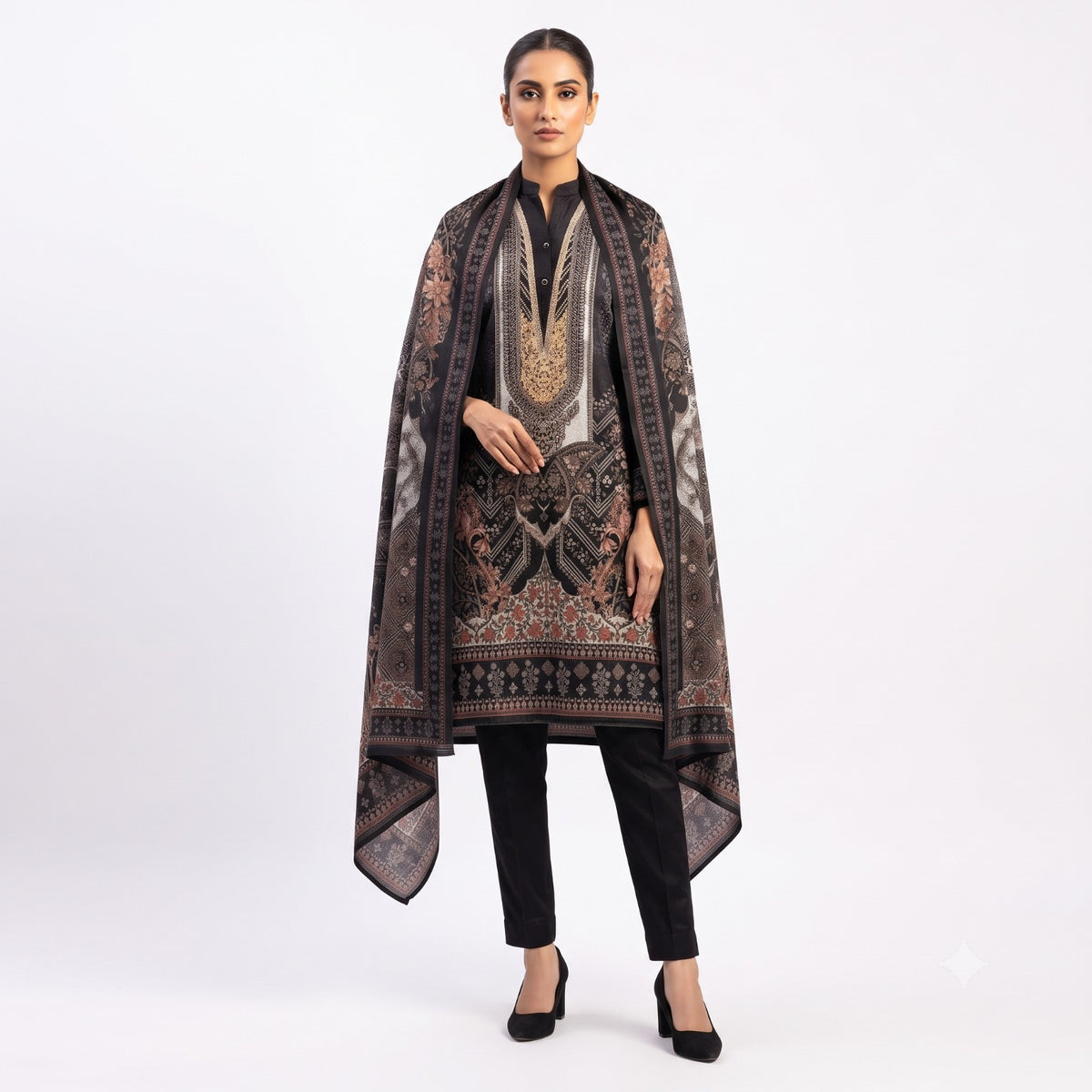 Charcoal Paisley Printed Woolen Kurta Set