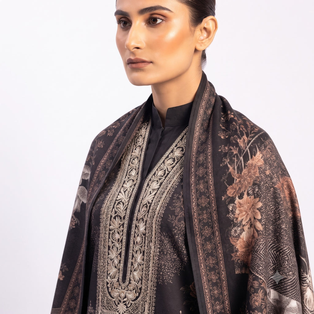 Charcoal Paisley Printed Woolen Kurta Set