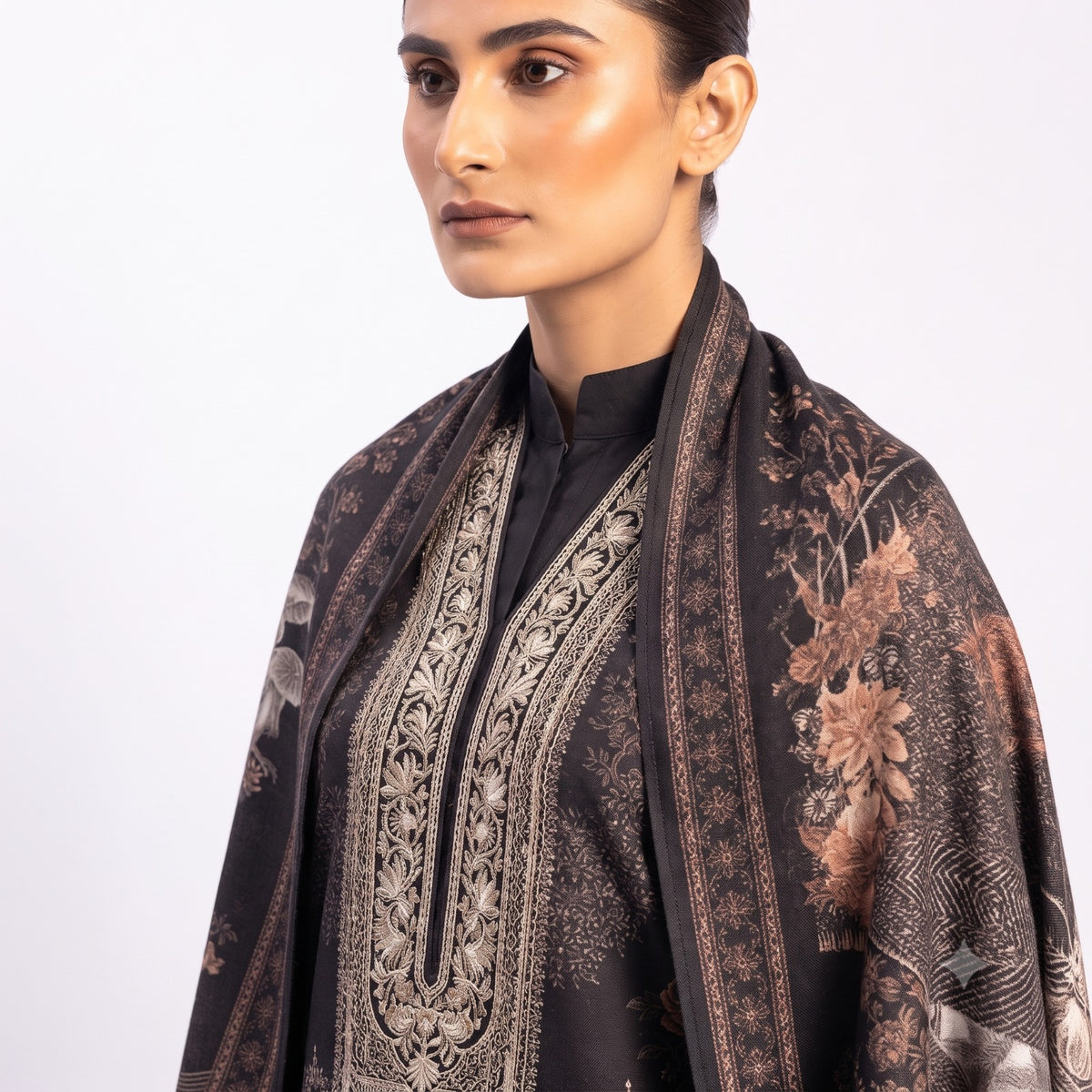 Charcoal Paisley Printed Woolen Kurta Set