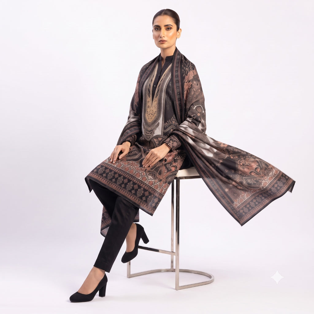 Charcoal Paisley Printed Woolen Kurta Set