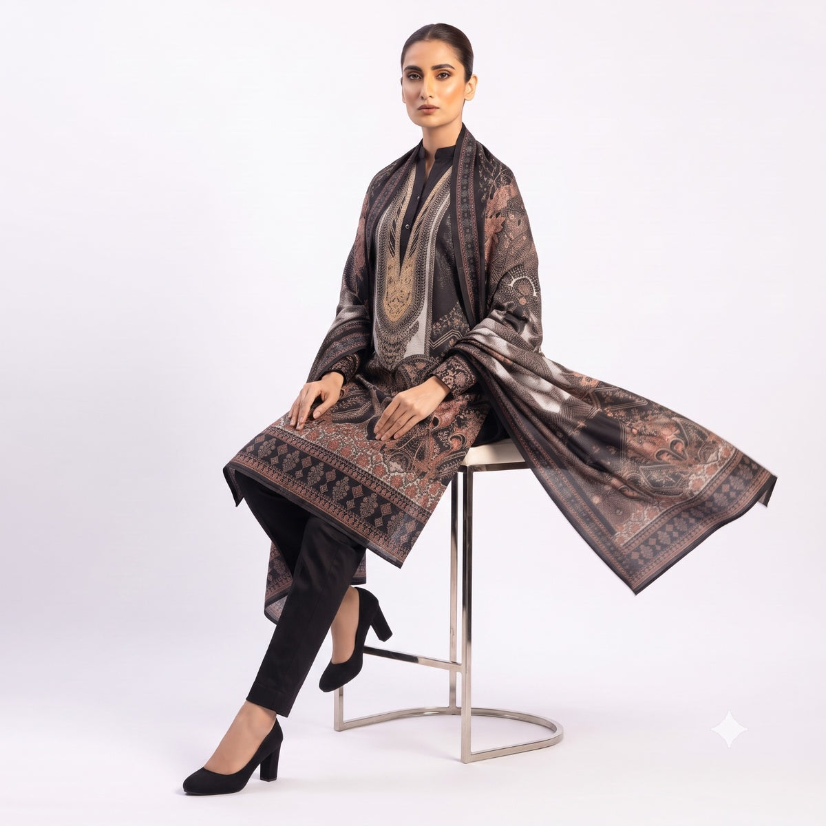 Charcoal Paisley Printed Woolen Kurta Set