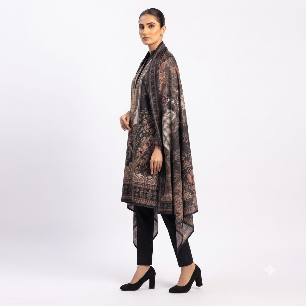 Charcoal Paisley Printed Woolen Kurta Set