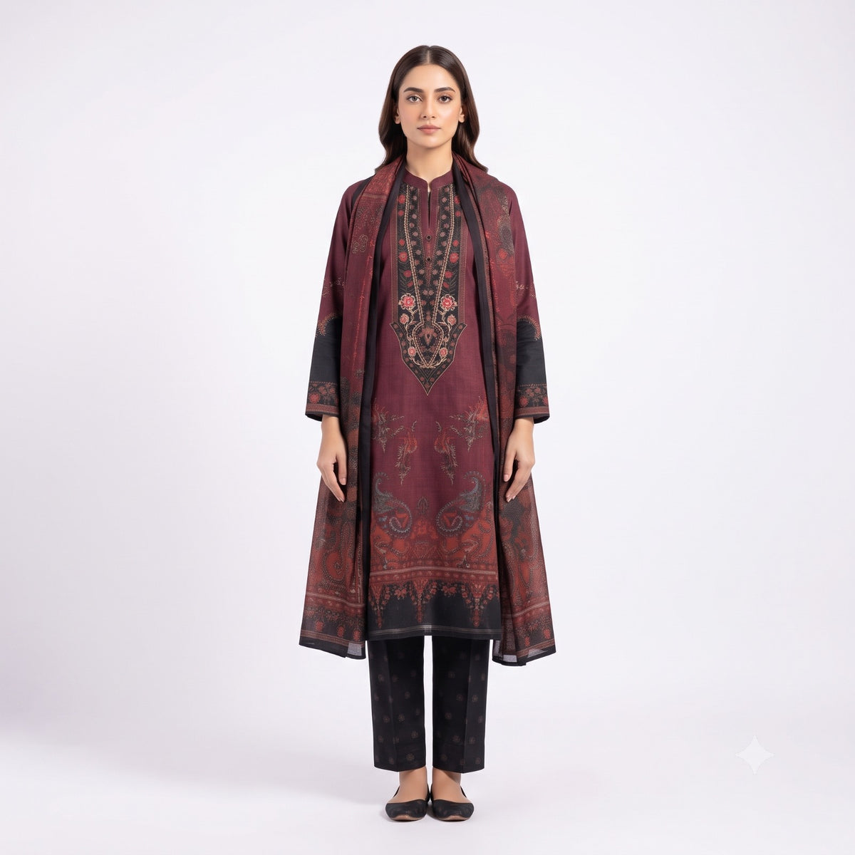 Wine Red Paisley Printed Woolen Kurta Set