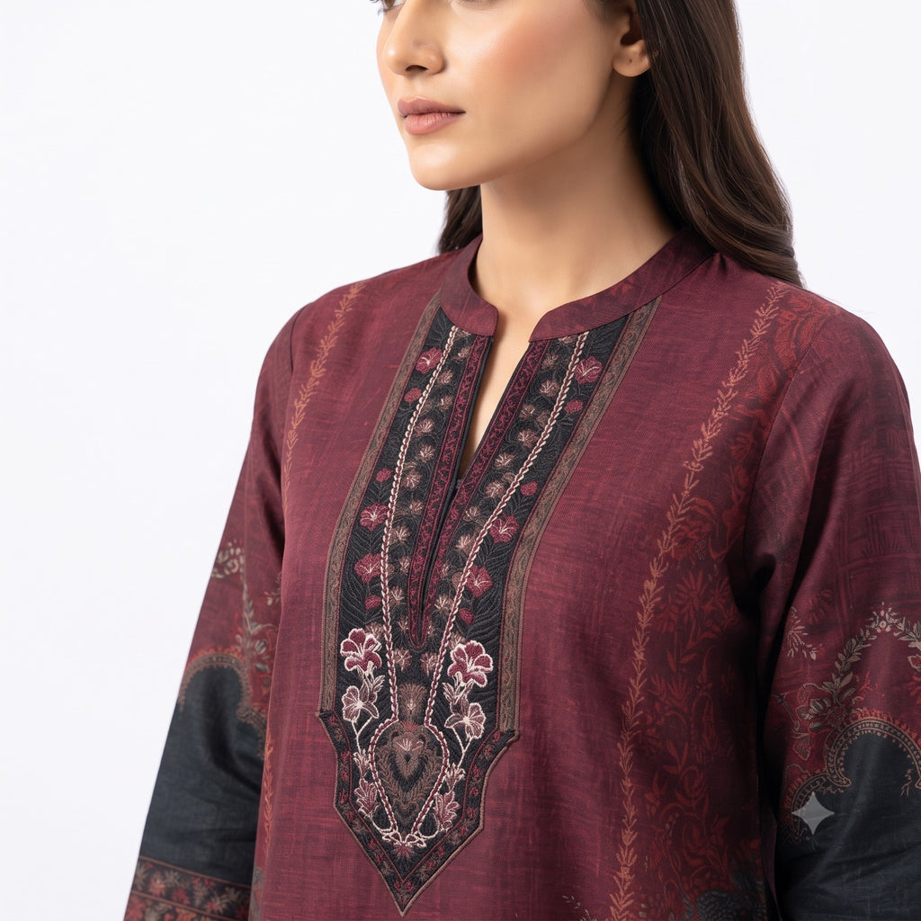 Wine Red Paisley Printed Woolen Kurta Set
