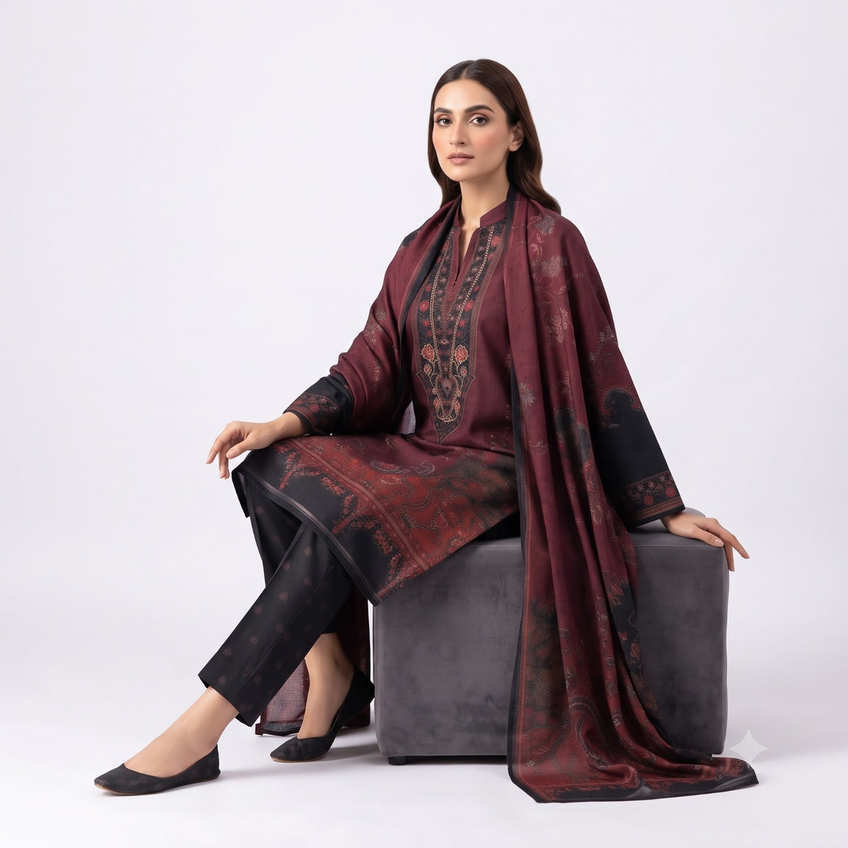 Wine Red Paisley Printed Woolen Kurta Set