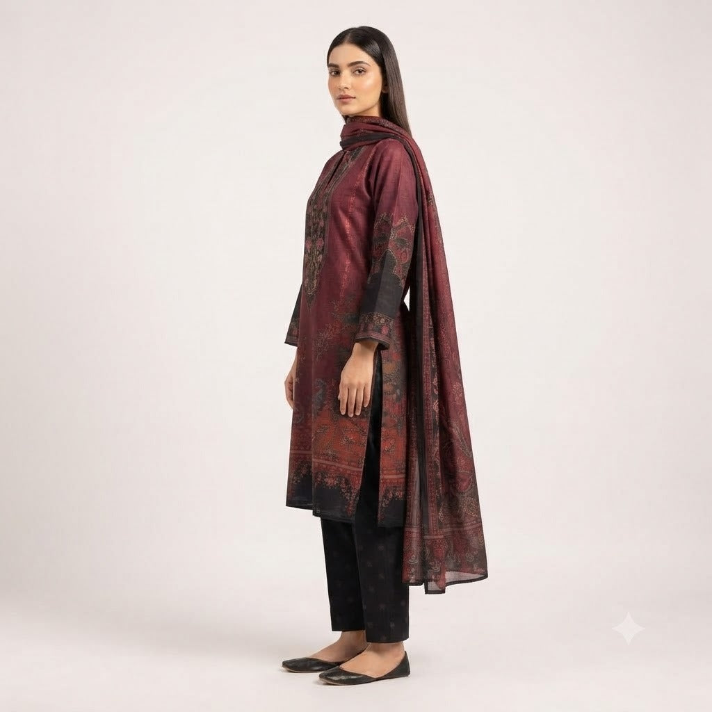 Wine Red Paisley Printed Woolen Kurta Set
