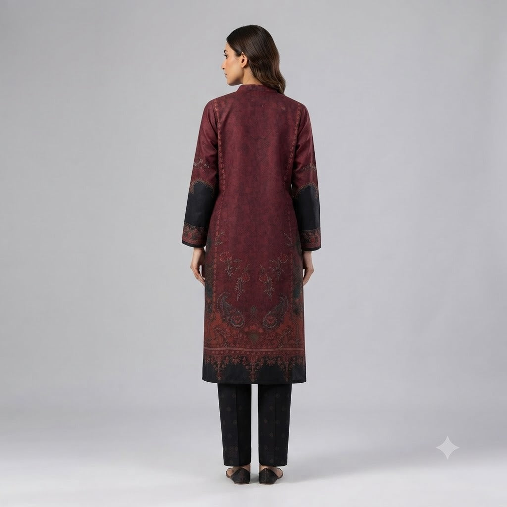 Wine Red Paisley Printed Woolen Kurta Set