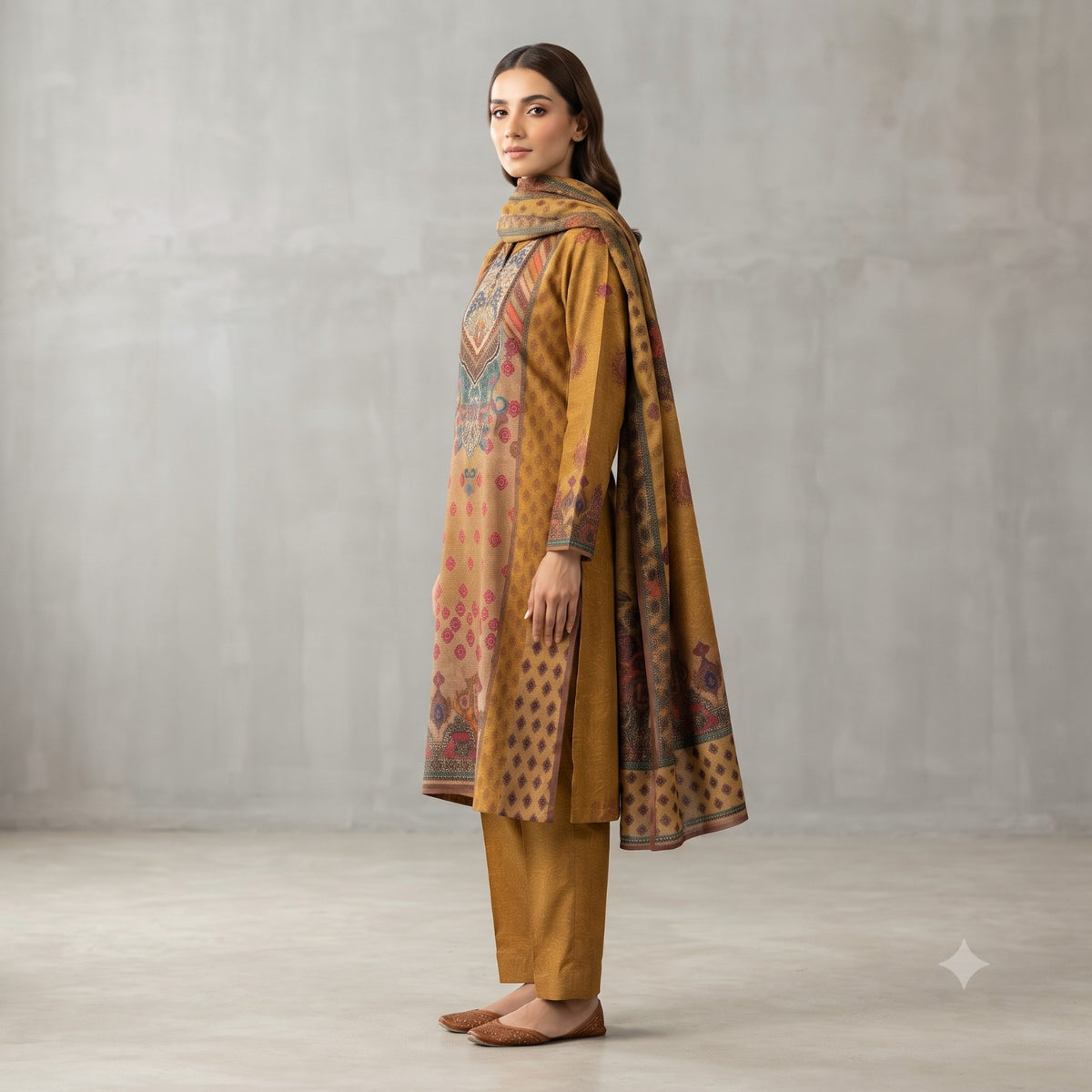 Amber Gold Ethnic Floral Printed Kurta Set