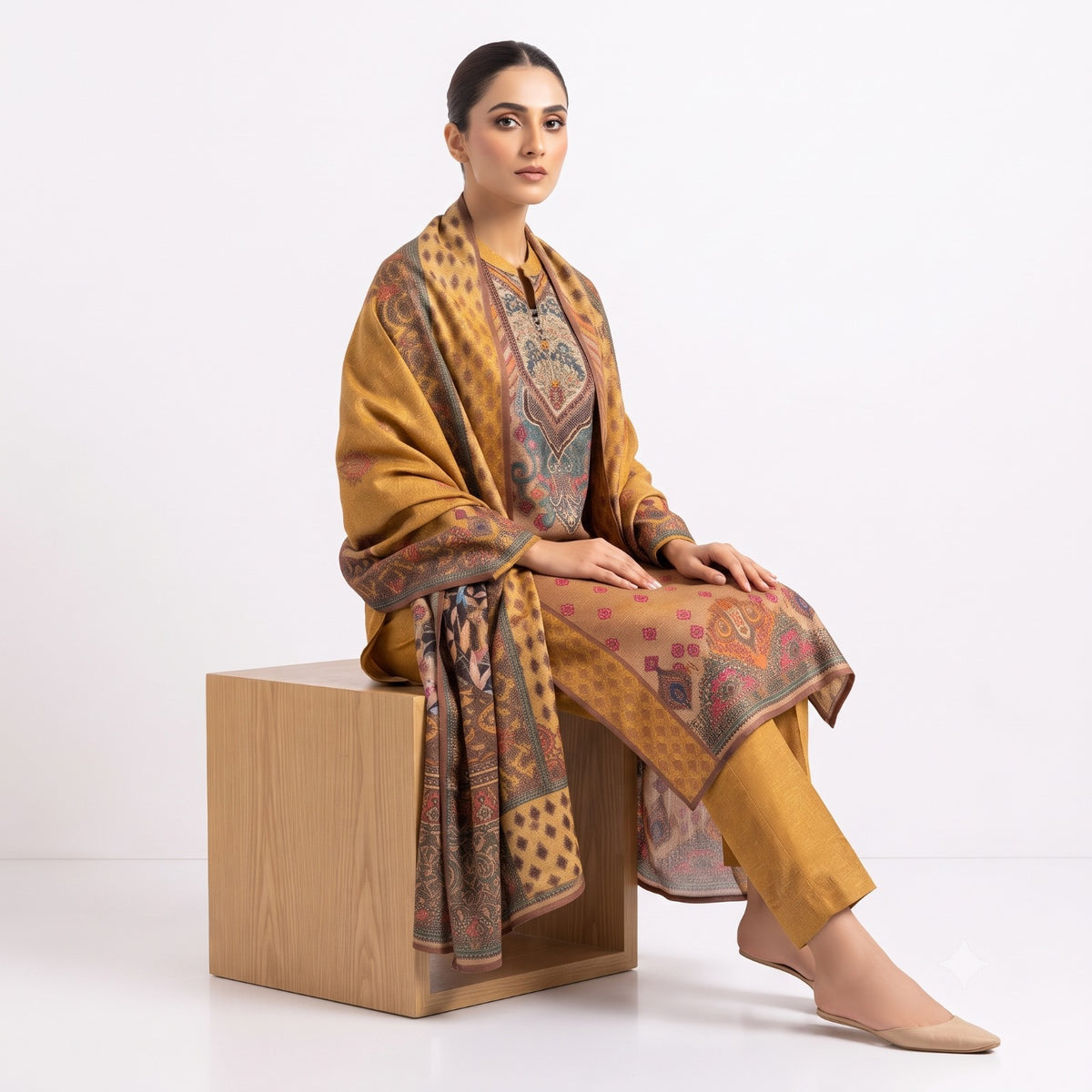 Amber Gold Ethnic Floral Printed Kurta Set