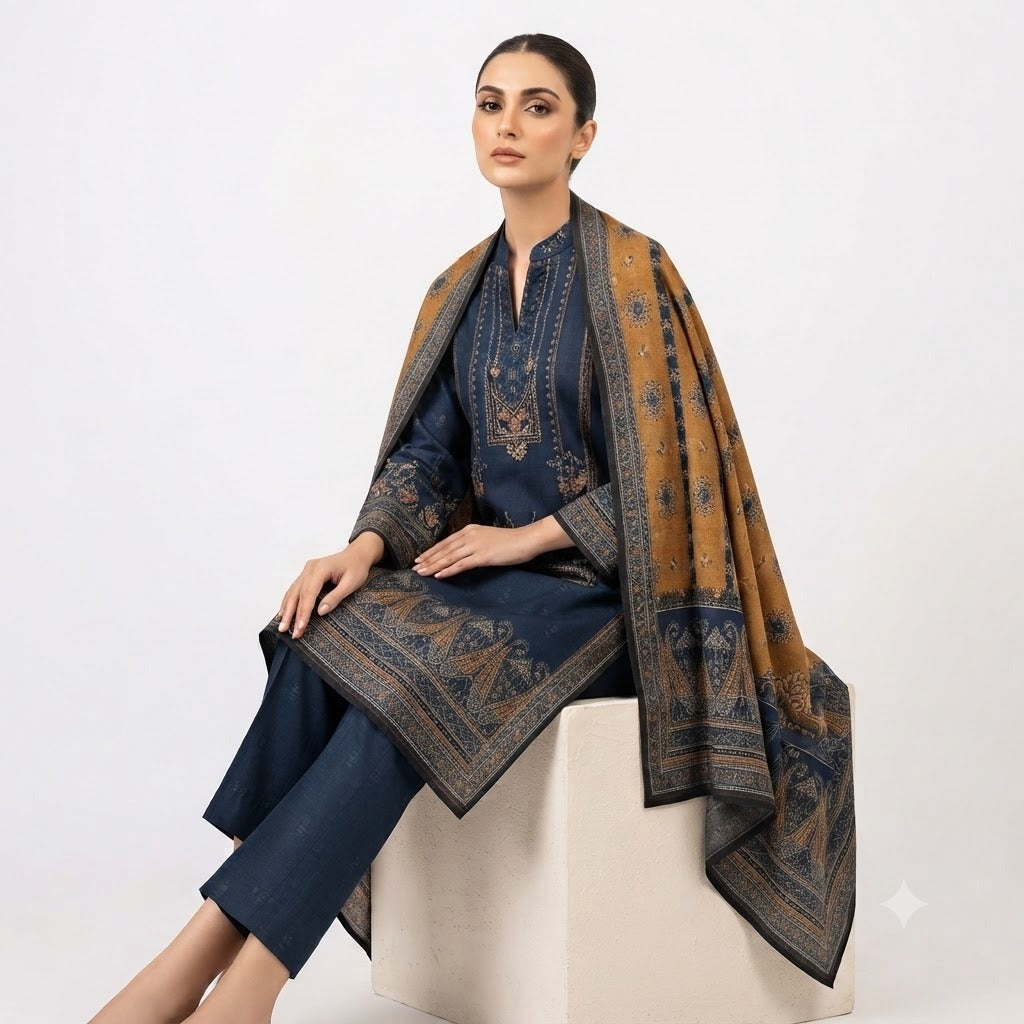 Regal Teal & Mustard Paisley Woolen Kurta Set