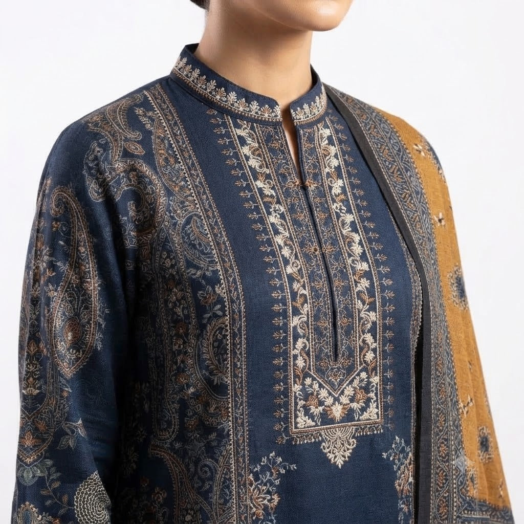 Regal Teal & Mustard Paisley Woolen Kurta Set