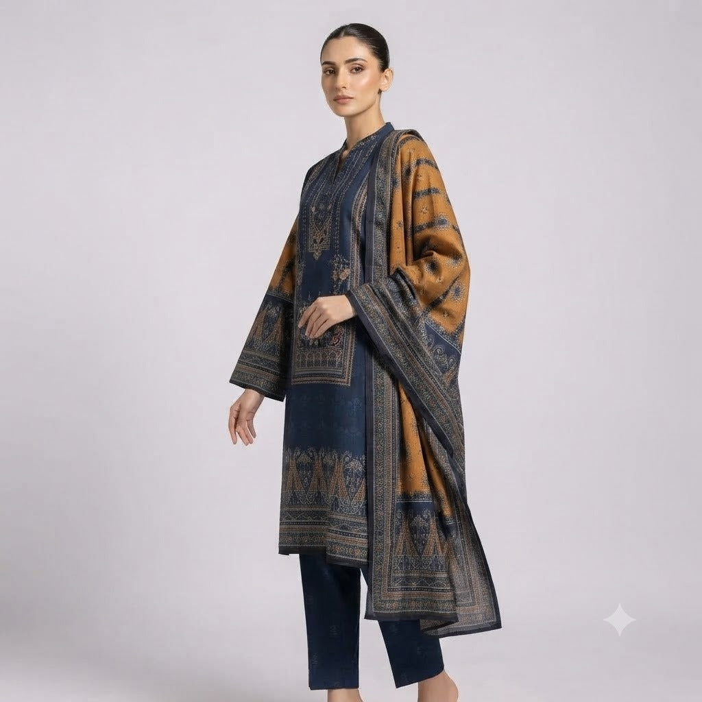 Regal Teal & Mustard Paisley Woolen Kurta Set