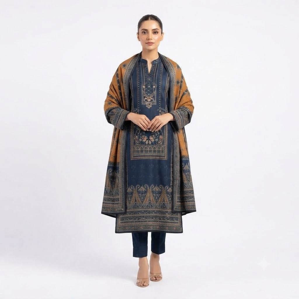 Regal Teal & Mustard Paisley Woolen Kurta Set