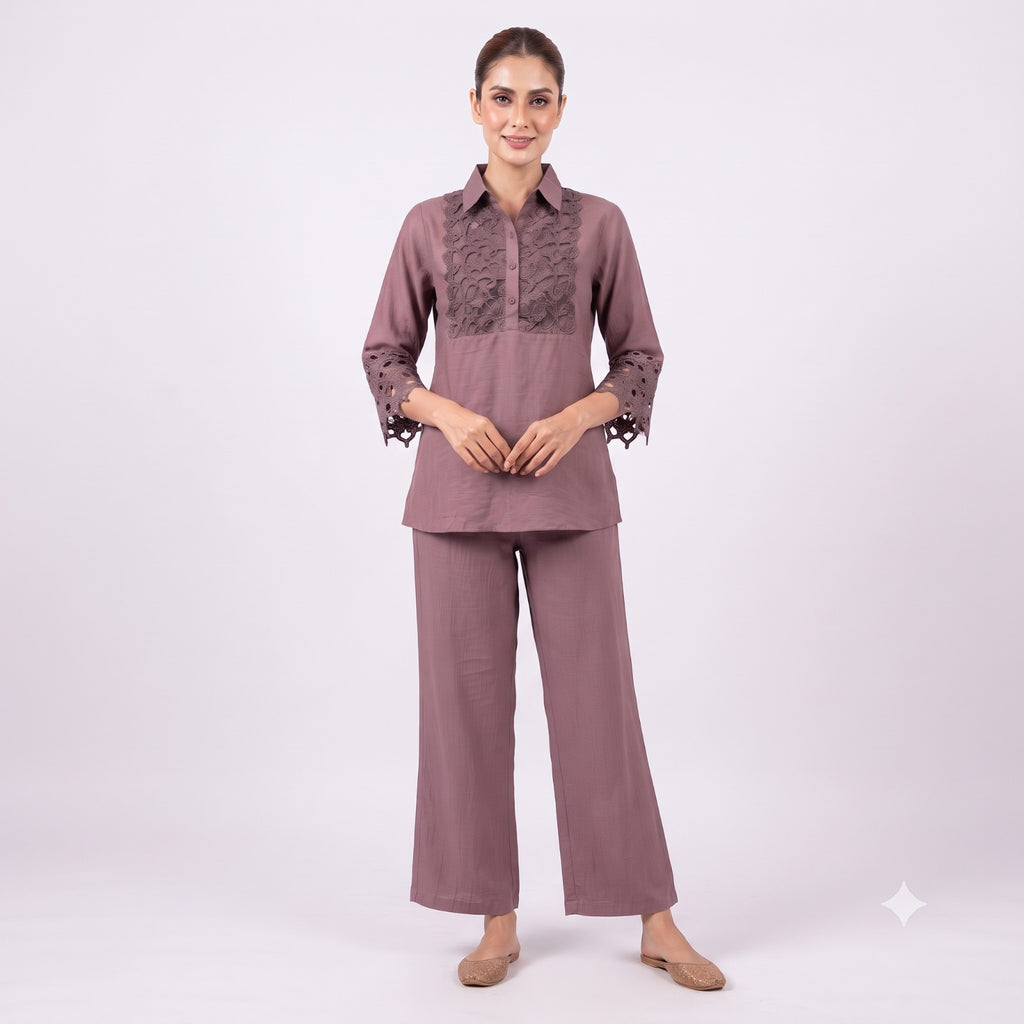 Mauve Cut-Work Embroidered Cotton Cord-set